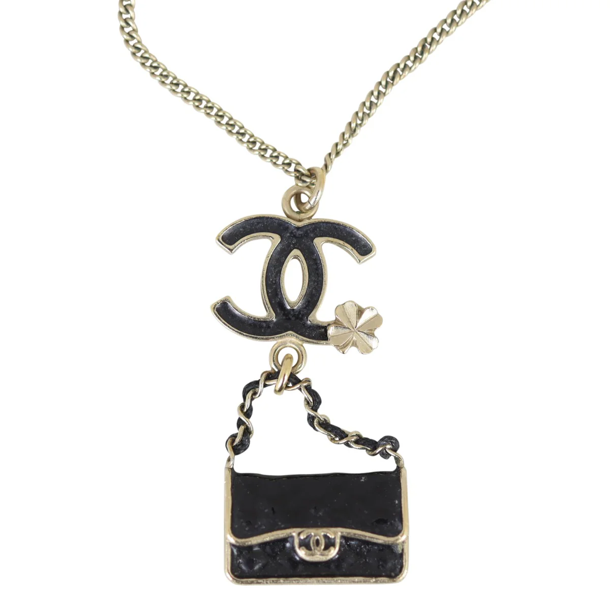 Chanel CC Enamel Flap Bag Pendant Necklace | Black Gold Hardware - Image 3