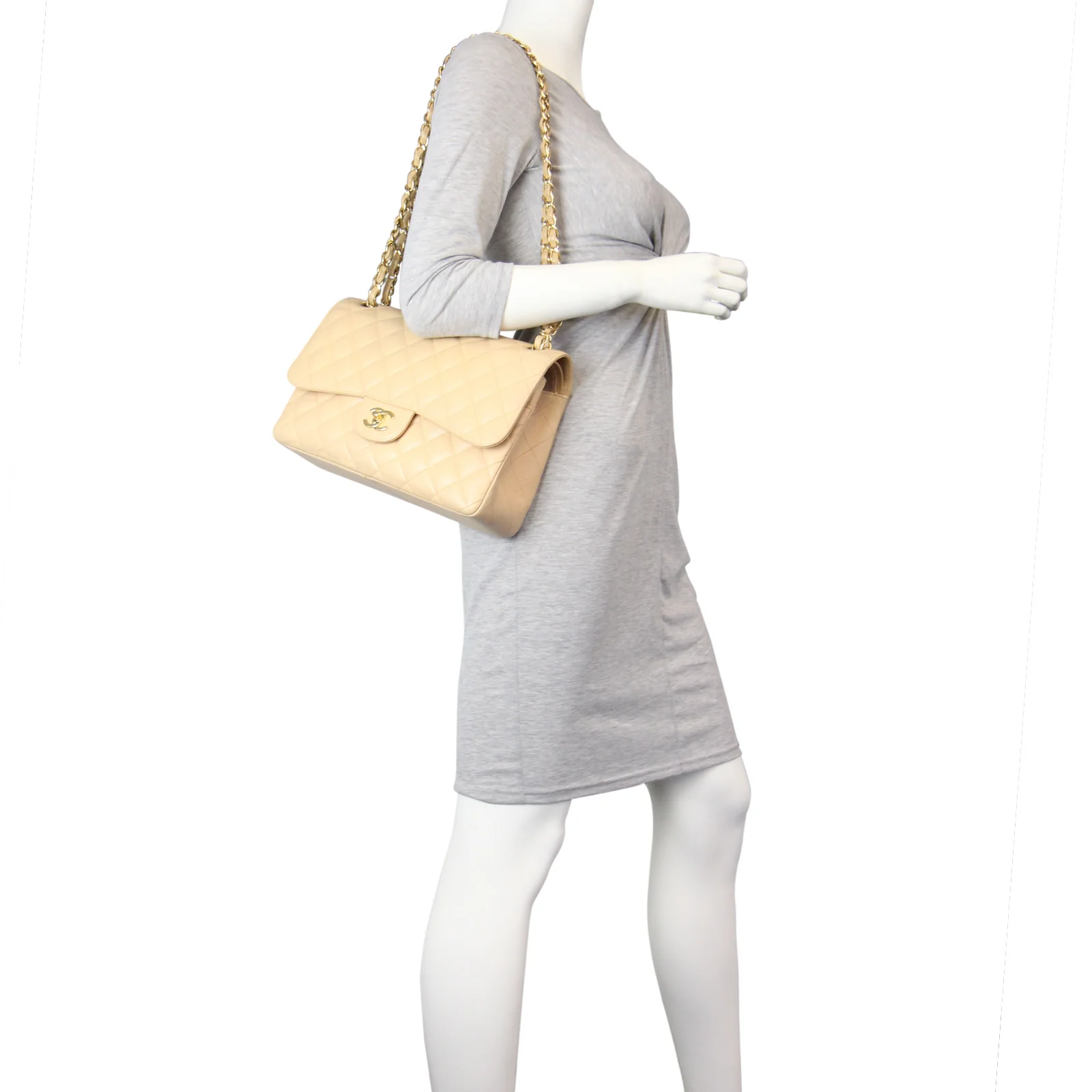 Chanel Classic Double Flap Jumbo |  Beige Gold Hardware - Image 10