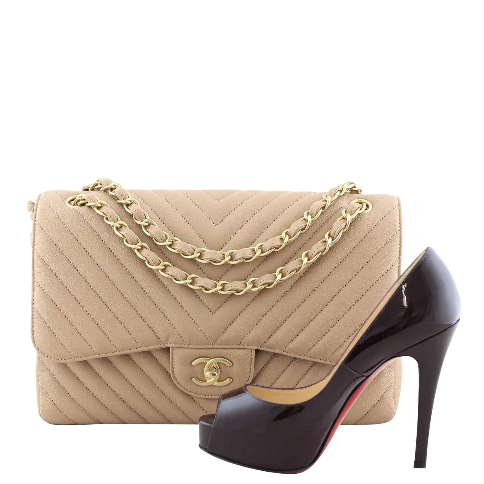 Chanel Classic Double Flap Jumbo Chevron | Beige Calfskin - Image 9
